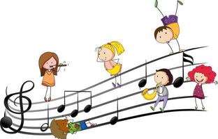 symboles de mélodie musicale avec de nombreux personnages de dessins animés pour enfants doodle vecteur