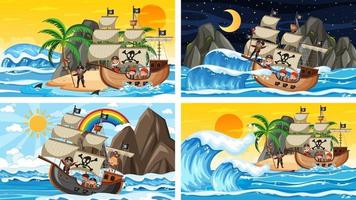 ensemble de différentes scènes de plage avec bateau pirate vecteur