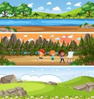 paysage naturel panoramique différent avec personnage de dessin animé vecteur