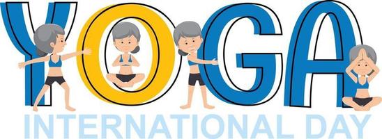 bannière de la journée internationale du yoga avec une vieille femme faisant différentes poses de yoga vecteur