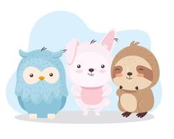 Lapin oiseau kawaii et conception de vecteur de dessin animé animal ours paresseux