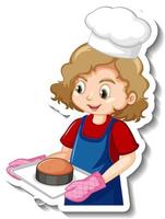 conception d'autocollants avec Baker girl holding baked tray vecteur