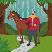 dessin animé prince de conte de fées avec cheval à la conception de vecteur de forêt
