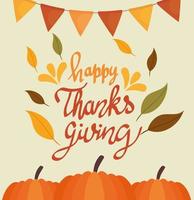 joyeux thanksgiving célébration lettrage carte avec citrouilles et guirlandes vecteur