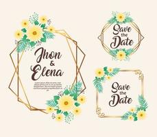 invitations de mariage avec des cadres floraux jaunes et dorés vecteur