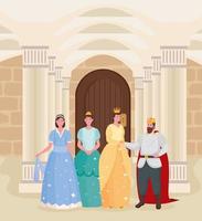 dessins animés roi reine et princesses de conte de fées à la conception de vecteur de château