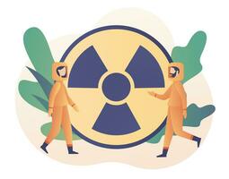 minuscule gens dans radioactif protection costume. radiation avertissement concept. nucléaire toxique déchets. moderne plat dessin animé style. vecteur illustration sur blanc Contexte