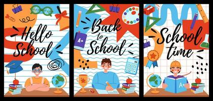 coloré branché retour à école affiches conception avec école les enfants et éducation accessoires éléments. vecteur