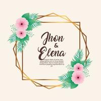 invitation de mariage avec lettrage jhon et elena et fleurs roses dans un cadre doré vecteur