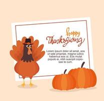 joyeux thanksgiving célébration lettrage carte avec citrouilles et dinde vecteur
