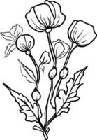 ppp août naissance fleur dessin, contour coquelicot dessin, tatouage coquelicot fleur dessin, noir coquelicots tatouage, noir petit coquelicot tatouage, minimaliste coquelicot fleur tatouage vecteur