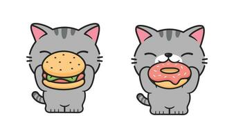 mignonne chat avec vite nourriture, Burger et beignets vecteur