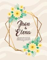 invitation de mariage avec lettrage jhon et elena et fleurs jaunes vecteur