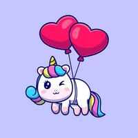 mignonne Licorne flottant avec l'amour ballon dessin animé vecteur icône illustration. animal l'amour icône concept isolé prime vecteur. plat dessin animé style