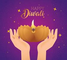 bougie de diwali diya heureux sur la conception de vecteur de mains