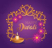 joyeux diwali diya bougie avec dessin vectoriel de fleurs