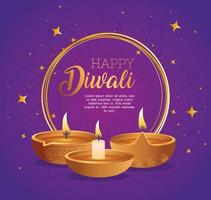 joyeux diwali en cercle avec la conception de vecteur de bougies diya