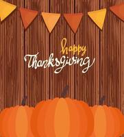joyeux thanksgiving célébration lettrage carte avec guirlandes et citrouille vecteur