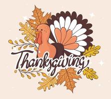 joyeux thanksgiving célébration lettrage carte avec dinde et feuilles vecteur