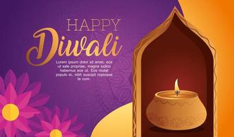 Bougie de diwali diya heureux dans la fenêtre avec la conception de vecteur de fleurs