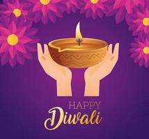 joyeux diwali diya bougie sur les mains avec des fleurs vector design