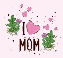 carte de fête des mères heureuse avec une jolie décoration de fleurs et de feuilles vecteur