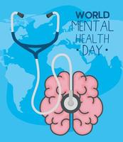 journée mondiale de la santé mentale avec conception vectorielle du cerveau et du stéthoscope vecteur