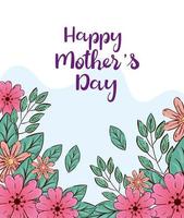 carte de fête des mères heureuse avec une jolie décoration de fleurs et de feuilles vecteur