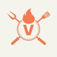 lettre v restaurant logo avec gril fourchette et spatule icône. chaud gril symbole vecteur