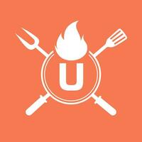 lettre u restaurant logo avec gril fourchette et spatule icône. chaud gril symbole vecteur