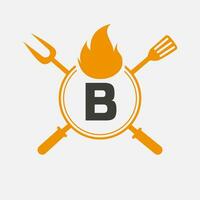 lettre b restaurant logo avec gril fourchette et spatule icône. chaud gril symbole vecteur