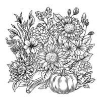 coloration page avec citrouilles et tournesols. l'automne composition pour coloration, noir et blanc linéaire illustration. vecteur