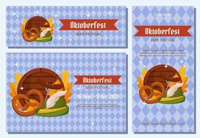 oktoberfest allemand Bière Festival arrière-plan, verticale et horizontal bannière collection. tyrolienne chapeau, fourchette avec grillé saucisse, bretzel, en bois baril, blé et feuilles. lumière bleu rhombe modèle vecteur