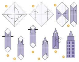 gratte-ciel origami schème Didacticiel en mouvement modèle. origami pour enfants. étape par étape Comment à faire une mignonne origami bâtiment. vecteur illustration.