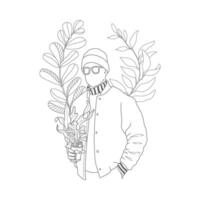 griffonnage coloration page plante croissance sur le pot tenue par une homme avec des lunettes et bonnet chapeau vecteur
