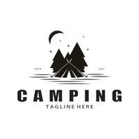 ancien et rétro tente logo, camping. avec tente, arbre et feu signe. aventuriers, éclaireurs, grimpeurs, camping équipement centre vecteur