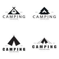 ancien et rétro tente logo, camping. avec tente, arbre et feu signe. aventuriers, éclaireurs, grimpeurs, camping équipement centre vecteur