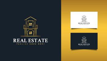 logo immobilier de luxe avec style de ligne en dégradé d'or. logo de construction, d'architecture, de bâtiment ou de maison vecteur