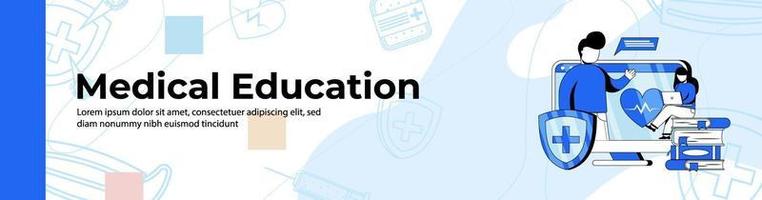 conception de bannières web d'éducation médicale. une femme regardant un webinaire médical sur le moniteur. cours de médecine, bannière d'en-tête ou de pied de page d'éducation en ligne. vecteur