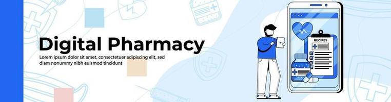 conception de bannière web de magasin de pharmacie numérique. un homme achète un médicament dans une pharmacie en ligne. bannière d'en-tête ou de pied de page de prescription médicale. vecteur