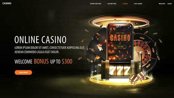 en ligne casino, foncé la toile bannière avec offre, téléphone intelligent, noir néon fente machine, noir en jouant cartes, dé et poker frites à l'intérieur or portail vecteur