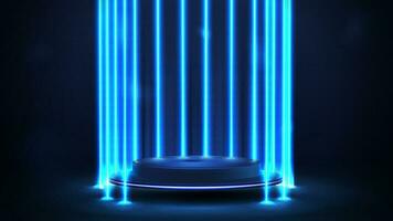 vide bleu podium flottant dans le air dans foncé scène avec ligne verticale bleu néon les lampes autour vecteur