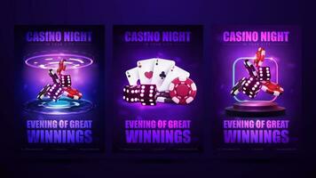 casino nuit, ensemble de invitation affiches avec néon casino éléments. affiches avec néon dé, rouge et noir réaliste jeux d'argent empiler de casino frites et en jouant cartes vecteur