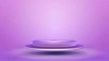 réaliste 3d cylindre piédestal podium sur pastel rose Contexte. abstrait géométrique violet Plate-forme avec néon ligne lampe. vecteur