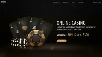 en ligne casino, noir invitation bannière pour site Internet avec Bienvenue prime, bouton, or casino en jouant cartes, dé et poker frites vecteur