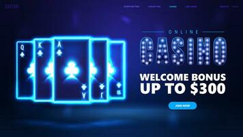 en ligne casino, bleu invitation bannière pour site Internet avec Bienvenue prime, bouton et néon casino en jouant cartes vecteur