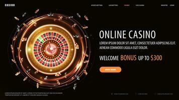 en ligne casino, noir bannière avec offre, bouton et or éclat néon tourner casino roulette roue avec poker frites vecteur