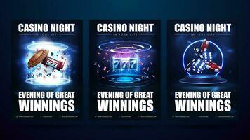 casino nuit, ensemble de bleu numérique invitation affiches avec fente machine, roulette roue, en jouant cartes, dé et poker frites vecteur