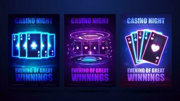 casino nuit, ensemble de invitation affiches avec néon en jouant cartes avec poker puces. vecteur