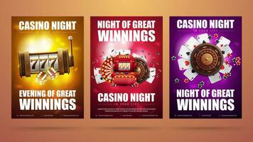 collection de invitation affiches avec casino éléments. affiches avec fente machine, roulette roue, en jouant cartes, roue de fortune et poker frites vecteur